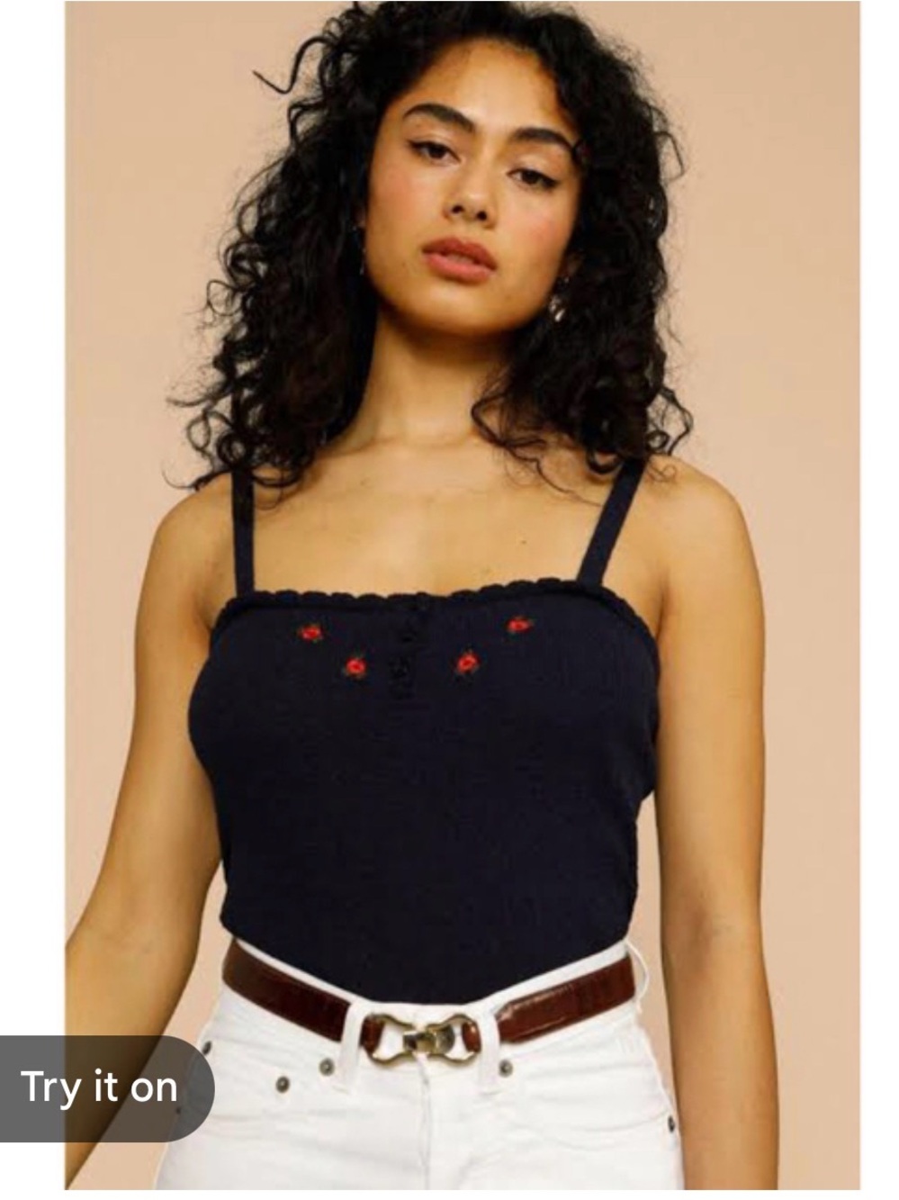 Rouje Black Knit Strappy Camisole with Red Embroidered Detail